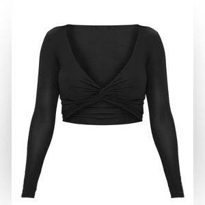 NWT! Shape Black Slinky Twist Front Crop Long Sleeve Pretty Little Thing